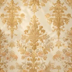Damask pattern with floral motifs, gold accents, and soft pastel colors on a cream background,  geometric,  pastel, damask