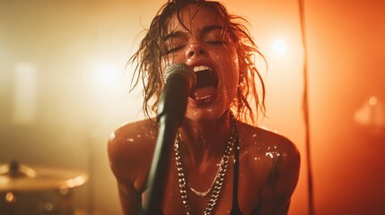 The image captures an energetic female singer passionately belting into a microphone, surrounded by dramatic lighting, showcasing the raw emotion of live performance.