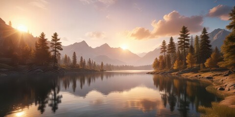 Fototapeta premium Elegant landscape with sun setting behind mountains, trees and lake in serene atmosphere , nature scenery, lake, natural beauty