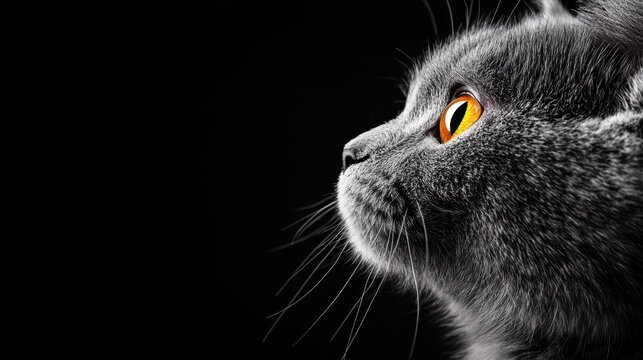 This artistic profile shot of a gray cat against a black background emphasizes the cat's striking features and captivating gaze, evoking a sense of mystery and beauty.