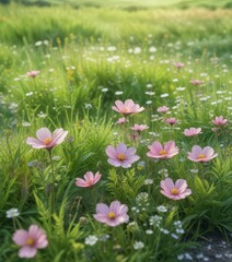 Delicate watercolor flowers blooming in a lush green meadow,  nature photography,  nature,  watercolor art