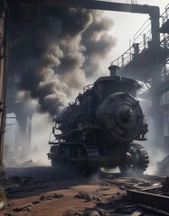 Fototapeta premium Dark smoke swirling around abandoned machinery, industrial decay, ambiance, shadows