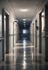 Desolate hospital corridor at dusk with blurred medical equipment and a hint of shadows,  medical instruments, hospital corridor,  shadows