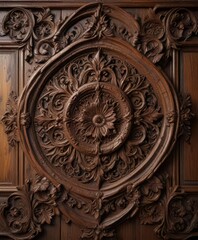 Distressed wood panel with intricate carvings,  ornate,  old,  rustic