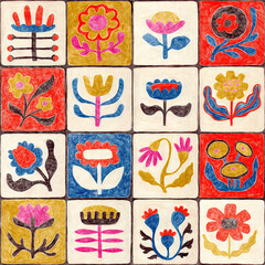 Seamless floral pattern in patchwork style. Hand drawn on paper with colored pencils. Cute vintage print for your design. Multicolored ornament tile. Handmade.