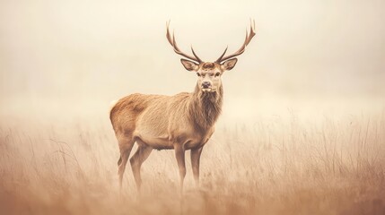 Ethereal Dawn: Serene Deer in Misty Meadow - Tranquil Wildlife Photography