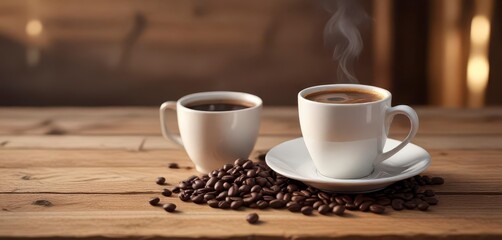 Espresso coffee cup on wooden table with aromatic beans, warm lighting ,  wood,  beans,  coffee