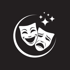 icon of comedy and tragedy theatrical masks isolated on black background