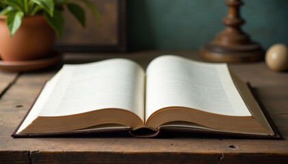 Fototapeta premium Book with decorative frame opening onto a table, books on table, bookshelf, frames