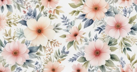 Obraz premium Delicate watercolor floral pattern on a soft white background, floral pattern, flowers, pastel colors