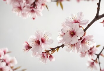 Fototapeta premium Delicate watercolor cherry blossoms against a soft white background, pink, blossoms, watercolor