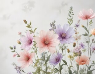 Delicate watercolor flowers in soft pastel hues on a white background,  floral, ,  serene