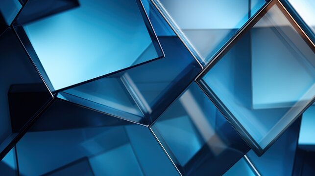 Strict shapes: simple and clear geometric shapes on a deep blue background, conveying conciseness and clarity 