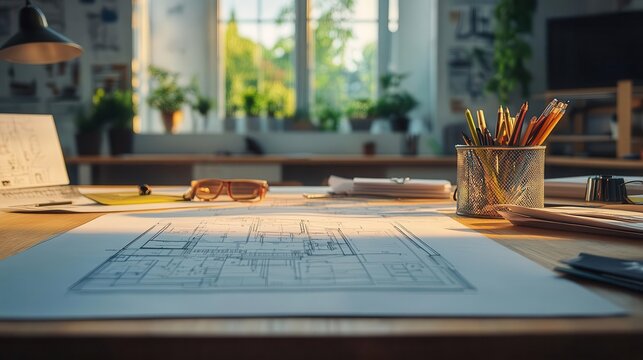 Architectural blueprints spread out on a desk, detailed floor plans and sketches, modern workspace with design tools, creativity in progress