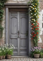Grey and white photo of old wooden door with flowers in the foreground ,  flowers,  architecture,  decor