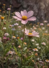 Fototapeta premium Earthy tones and organic textures surround a blooming wildflower, natural materials, earth tones, textured background