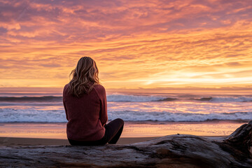 Fototapeta premium Serene sunset with a woman on driftwood by the beach