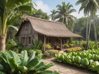 Obraz premium A quaint cottage with a rustic design, surrounded by neatly planted rows of banana plants