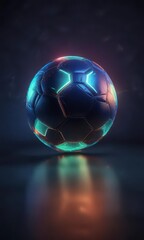 Fototapeta premium Focused spotlight shines on an abstract glowing neon colored soccer ball centered on a dark blue canvas, background, light, ball