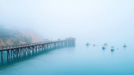 Obraz premium Tranquil Morning on a Foggy Pier in a Calm Harbor with Boats - Serene Maritime Landscape
