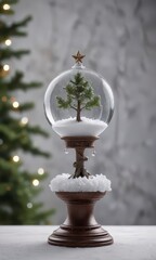 Obraz premium Glassy globe containing miniature snow-covered tree with sparkly ornaments and a star on top, glass container, winter wonderland, sparkle