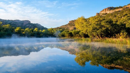Serene Mountain Lake in the Mist - Tranquil Scenery with Reflective Water and Foggy Atmosphere