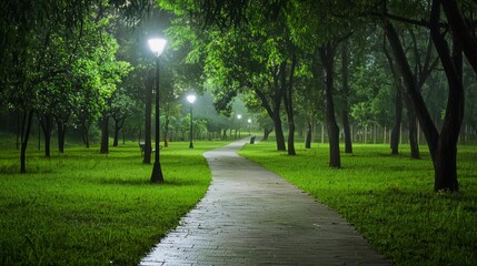 Fototapeta premium Tranquil Morning Serenity in Foggy Park with Dew-Covered Grass and Empty Paths for Peaceful Strolls - Ultra-Detailed Photograph