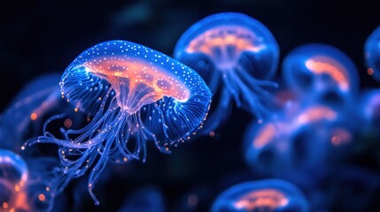 Obraz premium Stunning bioluminescent jellyfish illuminated in the mysterious and tranquil deep sea with a dreamlike and ethereal The glowing