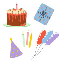 Colorful birthday celebration elements with cake, candles, balloons, and gift