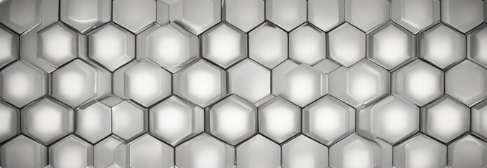 Naklejka premium Hexagonal metallic tiles in a symmetrical arrangement with soft white light glowing through them, metal, geometry, hexagonal