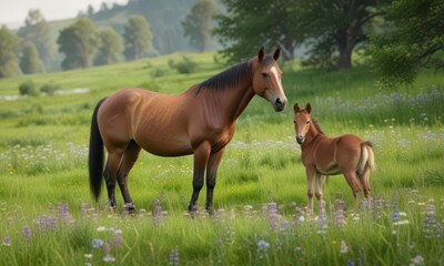 Obraz premium Mare and foal in lush green meadow with wildflowers, countryside, animal, green