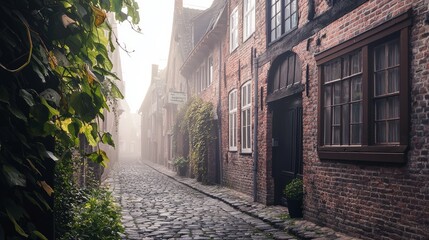 Enchanting Foggy Morning in Historic Village - Tranquil Cobblestone Streets and Old Buildings in Soft Light