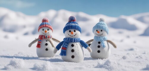 Obraz premium Miniature knitted snowmen in a field of soft white snow against a blue sky, blue sky, small knitted snowman, tiny snowman