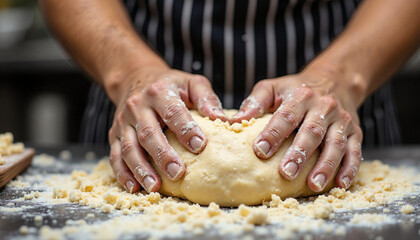 Hands kneading dough with floury surface texture, conveying a sense of focus and dedication in culinary prep work, surrounded by scattered flour and a cozy kitchen background