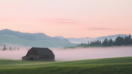Serene Countryside Charm: Foggy Barn and Rolling Hills Landscape