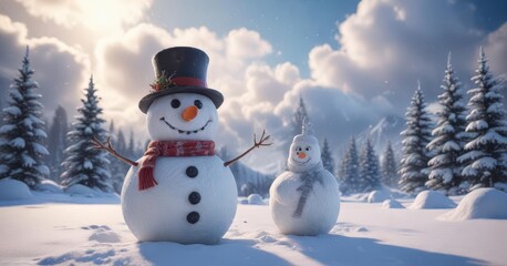 Obraz premium happy snowman in winter wonderland with fluffy clouds and snowflakes, whiteout, happy snowman, fluffy clouds