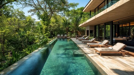 Fototapeta premium Luxury resort hotel, elegant poolside with lounge chairs, modern architecture surrounded by lush greenery, tropical paradise