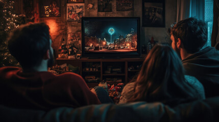 Obraz premium Three people are watching a movie on a television