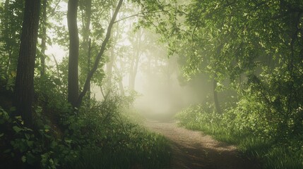 Fototapeta premium Enchanted Forest Trail: Mystical Foggy Path with Sunlight Filtering Through Trees, Illuminating Leaves and Underbrush in Tranquil Setting