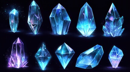 Magical collection of glowing ice crystals in various geometric shapes. Transparent gem elements with mystical blue luminescence. Cartoon vector fantasy resource assets for RPG game interface design.