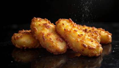 Golden Fried Plantains with a crispy golden-brown texture arranged artistically on a reflective surface evoking a sense of indulgence and culinary delight against a dark background
