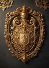 Intricate golden filigree surrounds a regal crest on a richly textured background,  nobility, ornate,  golden