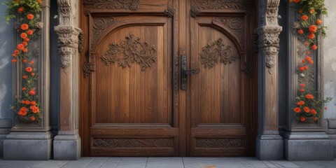 Obraz premium ornate floral border surrounding a distressed wooden door, floral, wood, architecture