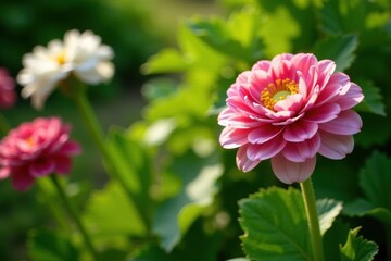 Fototapeta premium Pink and white ranunculus flowers in a lush, green garden, white, ranunculus, foliage