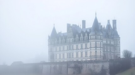Obraz premium Mystical Morning at the Enigmatic Castle: Ancient Towers and Battlements Embraced by Foggy Veil of Grandeur