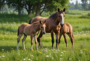 Obraz premium Mere stands with foal in lush meadow, green grass, flowers, horse, mare, foal
