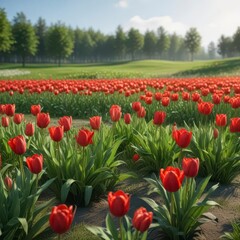 Obraz premium Red tulips and lilies in a field of green grass, flowers, tulips, grass