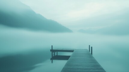 Fototapeta premium Serene Morning at Lakeside Retreat - Tranquil Scene of Foggy Lake with Early Light and Dock, Calm Waterside View for Relaxation and Reflection