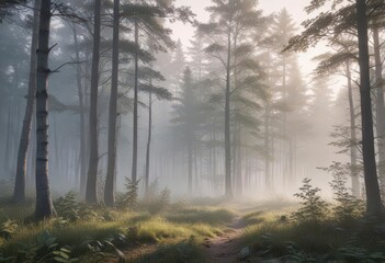 Obraz premium Misty forest at dawn with soft focus and subtle color gradation, foggy, forest, atmosphere