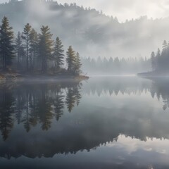 Fototapeta premium misty watercolor reflection on calm lake surface, subtle, peaceful, watercolor